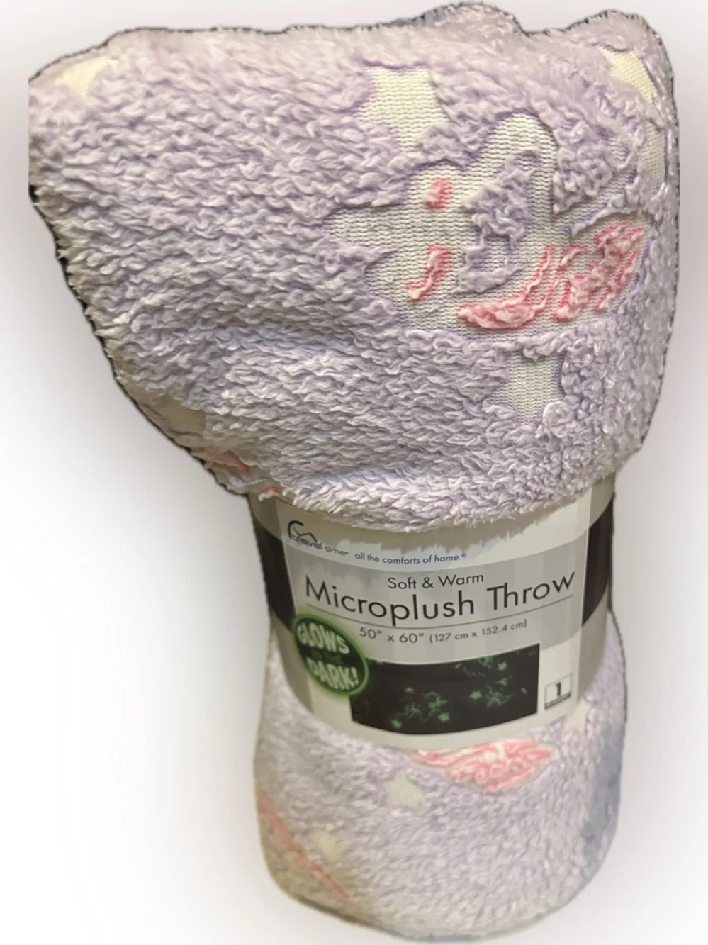 TRAVEL TIME MICROPLUSH THROW BLANKET SOFT WARM PURPLE PINK UNICORN 50”x 60” GLOW